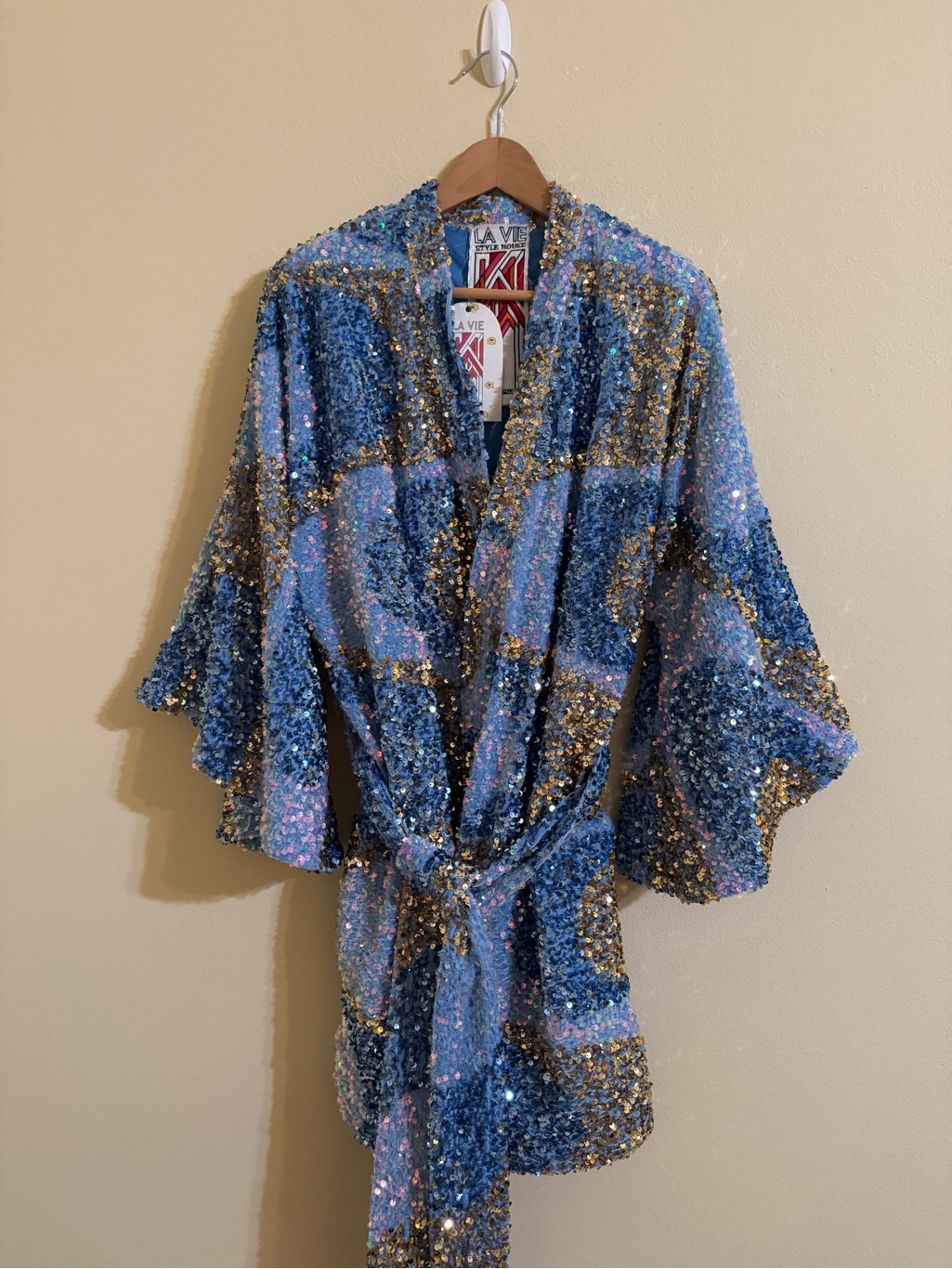 La Vie Style House New Sequin Mini Wrap Dress Blue Velvet One Size